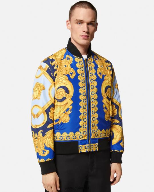 גברים Versace כחול וזהב מעיל בומבר מתהפך בארוקו 660 הַלבָּשָׁה N8T21240