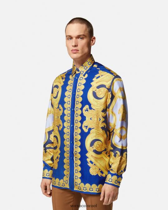 גברים Versace כחול וזהב חולצת משי בארוקו 660 הַלבָּשָׁה N8T21318