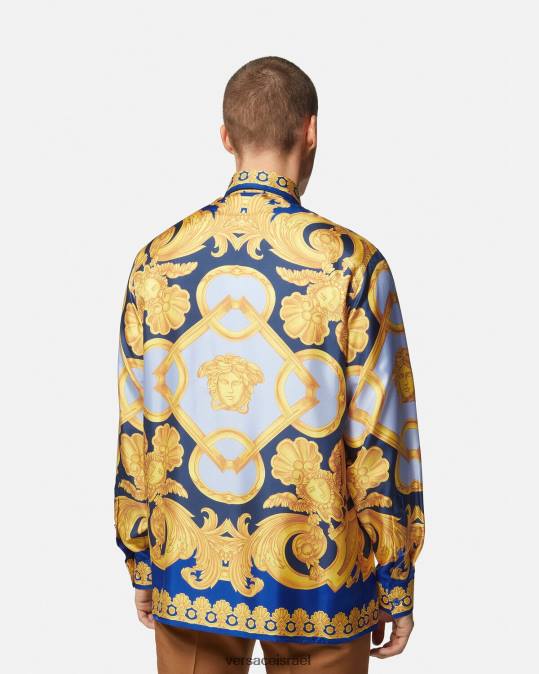 גברים Versace כחול וזהב חולצת משי בארוקו 660 הַלבָּשָׁה N8T21318