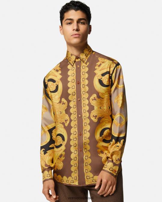 גברים Versace חום וזהב חולצת משי בארוקו 660 הַלבָּשָׁה N8T21320