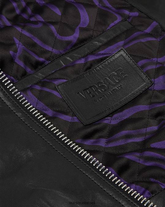 נשים Versace שָׁחוֹר מעיל עור עם שוליים הַלבָּשָׁה N8T2101