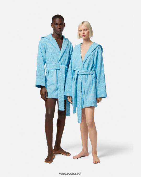 נשים Versace כחול בהיר חלוק רחצה קצר בארוק עם צדפים תחתונים ובגדי חוף N8T21082
