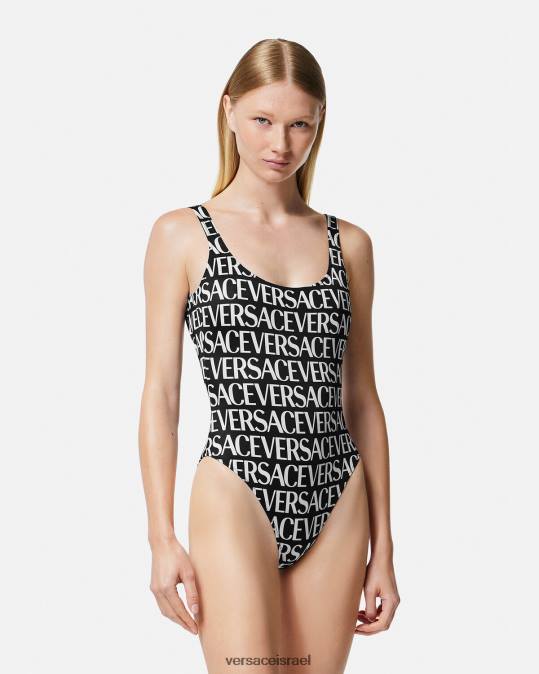נשים Versace שחור & הדפס בגד ים מחלק אחד עם לוגו תחתונים ובגדי חוף N8T21137