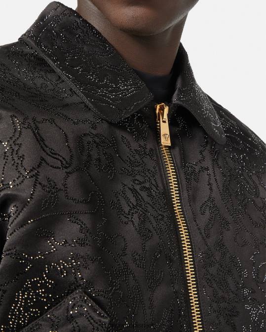 גברים Versace שָׁחוֹר ז'קט בומבר מעוטר בצללית בארוקו הַלבָּשָׁה N8T21226