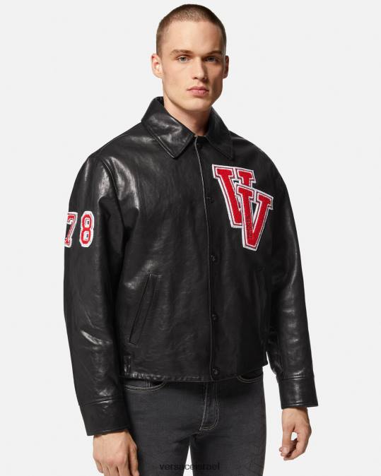 גברים Versace שָׁחוֹר ז'קט עור של אוניברסיטה הַלבָּשָׁה N8T21258