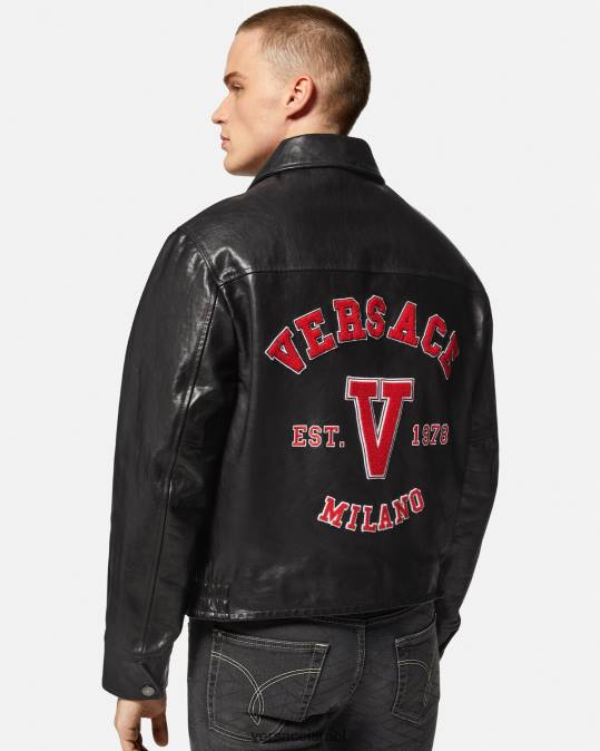 גברים Versace שָׁחוֹר ז'קט עור של אוניברסיטה הַלבָּשָׁה N8T21258