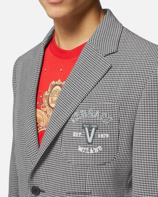 גברים Versace לבן שחור בלייזר כלב ציד עם לוגו של האוניברסיטה הַלבָּשָׁה N8T21278