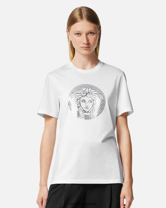 נשים Versace כסף לבן חולצת טריקו מדוזה הַלבָּשָׁה N8T2128