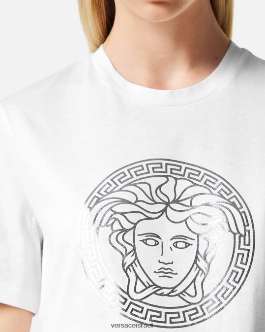 נשים Versace כסף לבן חולצת טריקו מדוזה הַלבָּשָׁה N8T2128