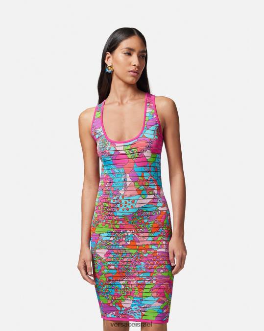 נשים Versace הדפס שמלת מידי סריג קיץ פרחוני הַלבָּשָׁה N8T212