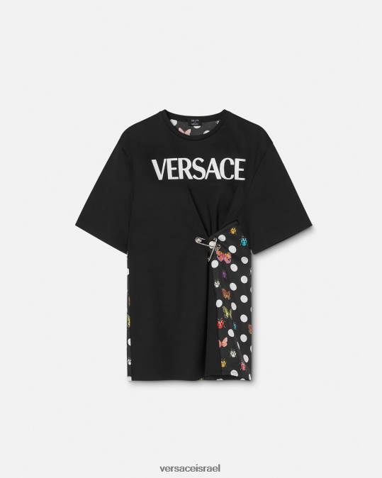 נשים Versace שחור וכתום ואדום חולצת טי של לוגו סיכת ביטחון פרפרים הַלבָּשָׁה N8T2131