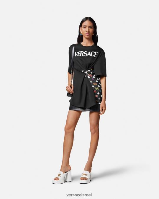 נשים Versace שחור וכתום ואדום חולצת טי של לוגו סיכת ביטחון פרפרים הַלבָּשָׁה N8T2131