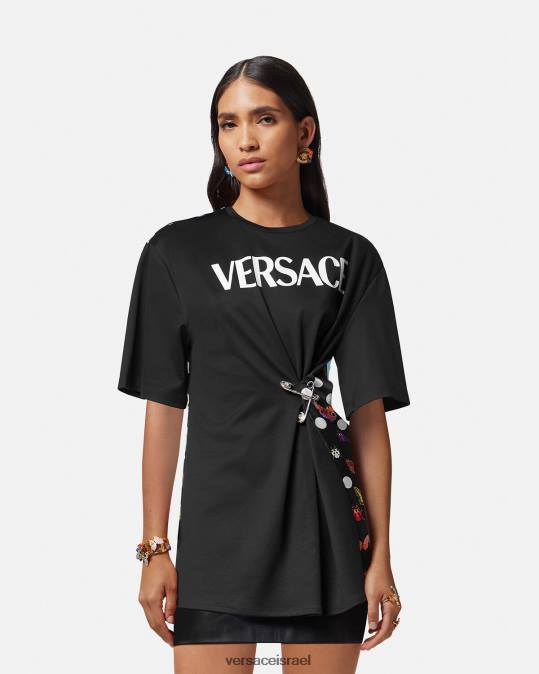 נשים Versace שחור וכתום ואדום חולצת טי של לוגו סיכת ביטחון פרפרים הַלבָּשָׁה N8T2131