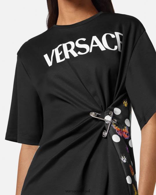 נשים Versace שחור וכתום ואדום חולצת טי של לוגו סיכת ביטחון פרפרים הַלבָּשָׁה N8T2131