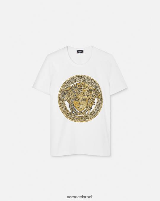 נשים Versace זהב לבן חולצת טריקו קריסטל לה מדוזה הַלבָּשָׁה N8T2133
