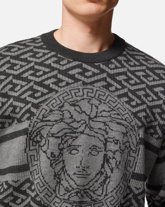 גברים Versace אפור ושחור סוודר ג'קארד לה גרקה מדוזה הַלבָּשָׁה N8T21339