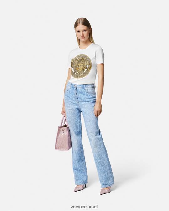 נשים Versace זהב לבן חולצת טריקו קריסטל לה מדוזה הַלבָּשָׁה N8T2133
