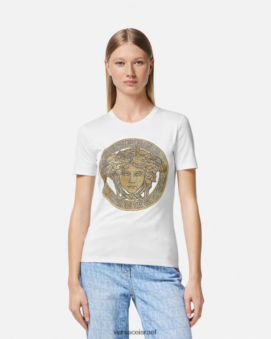 נשים Versace זהב לבן חולצת טריקו קריסטל לה מדוזה הַלבָּשָׁה N8T2133