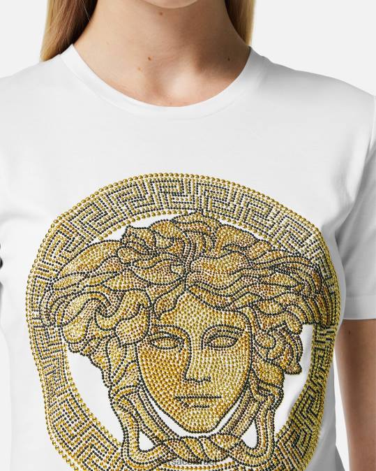 נשים Versace זהב לבן חולצת טריקו קריסטל לה מדוזה הַלבָּשָׁה N8T2133