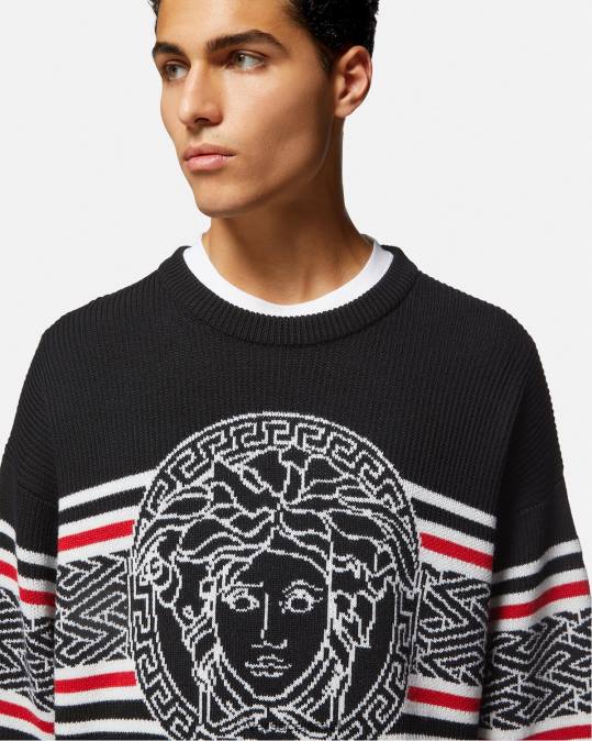 גברים Versace שָׁחוֹר סוודר ג'קארד עם פסים מדוזה הַלבָּשָׁה N8T21344