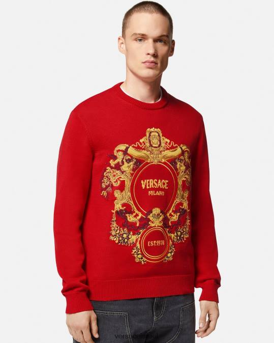 גברים Versace אָדוֹם סוודר רקום באינטרסיה בארוק הַלבָּשָׁה N8T21345