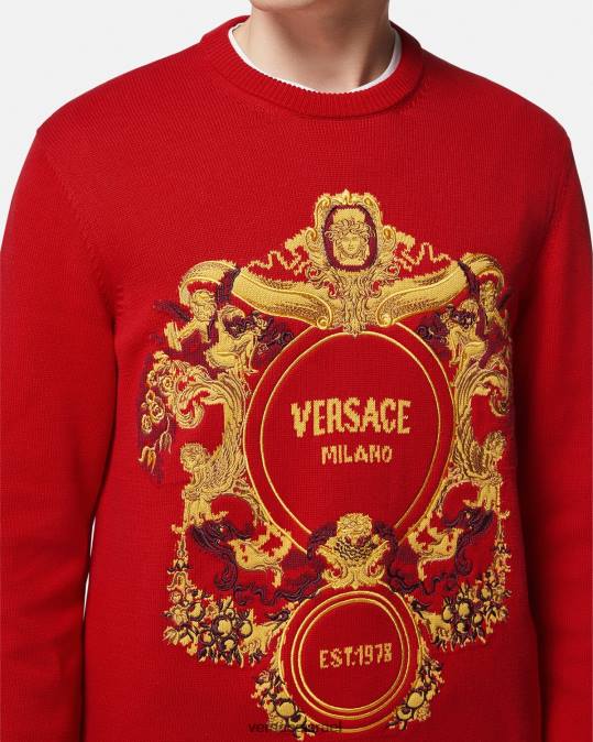 גברים Versace אָדוֹם סוודר רקום באינטרסיה בארוק הַלבָּשָׁה N8T21345