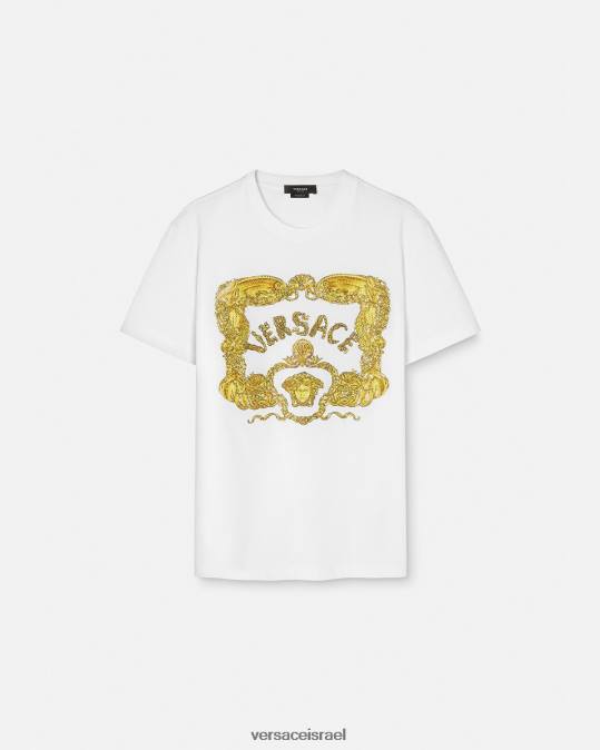 גברים Versace לבן חולצת טריקו בארוק רקומה עם צדפים הַלבָּשָׁה N8T21364