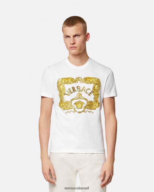 גברים Versace לבן חולצת טריקו בארוק רקומה עם צדפים הַלבָּשָׁה N8T21364
