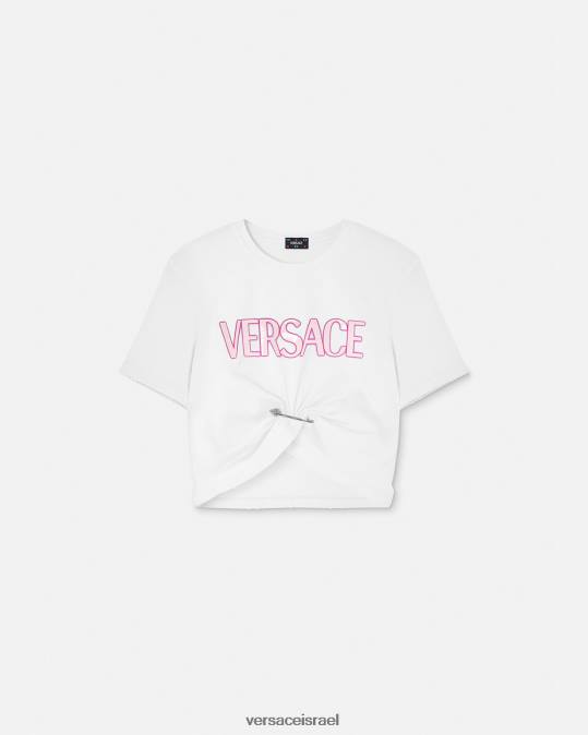 נשים Versace לבן חולצת לוגו סיכת ביטחון הַלבָּשָׁה N8T2138