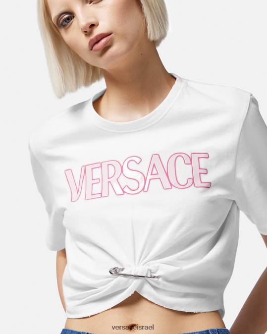 נשים Versace לבן חולצת לוגו סיכת ביטחון הַלבָּשָׁה N8T2138