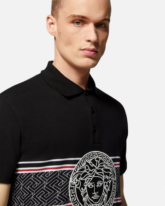 גברים Versace שָׁחוֹר חולצת פולו רקומה מדוזה הַלבָּשָׁה N8T21395