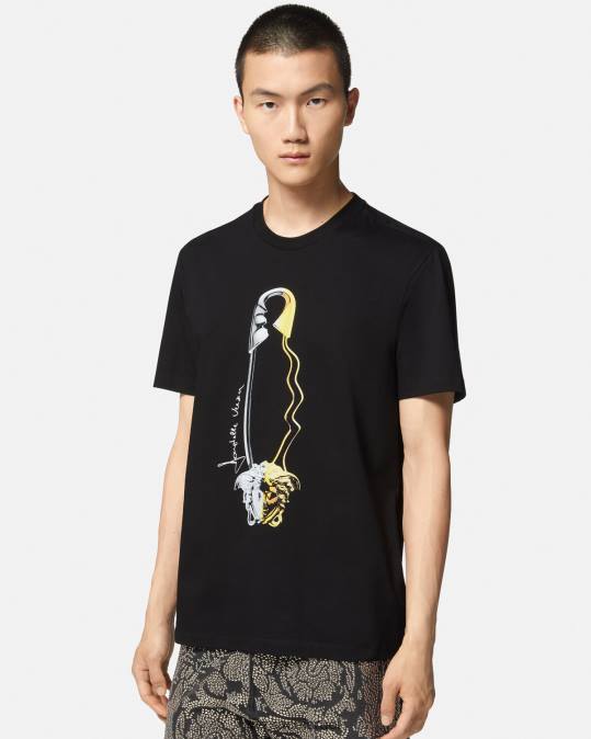 גברים Versace שָׁחוֹר חולצת טריקו גרפית עם סיכת ביטחון הַלבָּשָׁה N8T21400