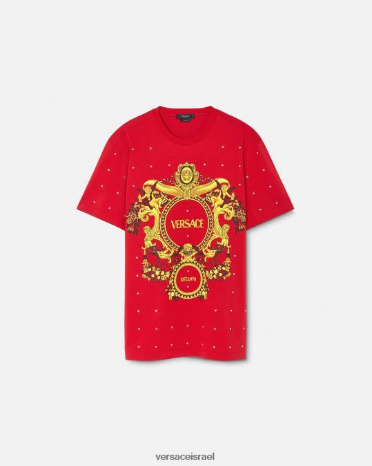 גברים Versace אָדוֹם חולצת טריקו עם רשת קריסטל בארוק הַלבָּשָׁה N8T21401