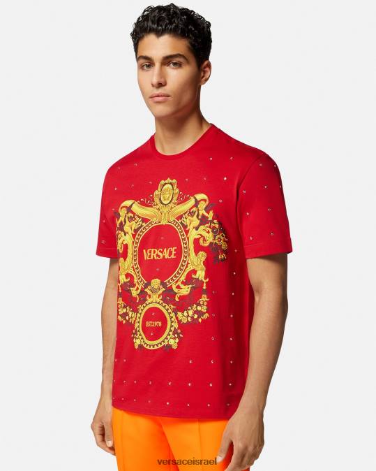 גברים Versace אָדוֹם חולצת טריקו עם רשת קריסטל בארוק הַלבָּשָׁה N8T21401
