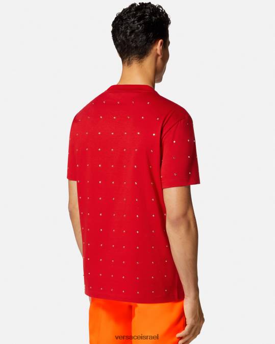 גברים Versace אָדוֹם חולצת טריקו עם רשת קריסטל בארוק הַלבָּשָׁה N8T21401