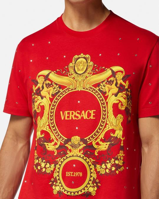 גברים Versace אָדוֹם חולצת טריקו עם רשת קריסטל בארוק הַלבָּשָׁה N8T21401