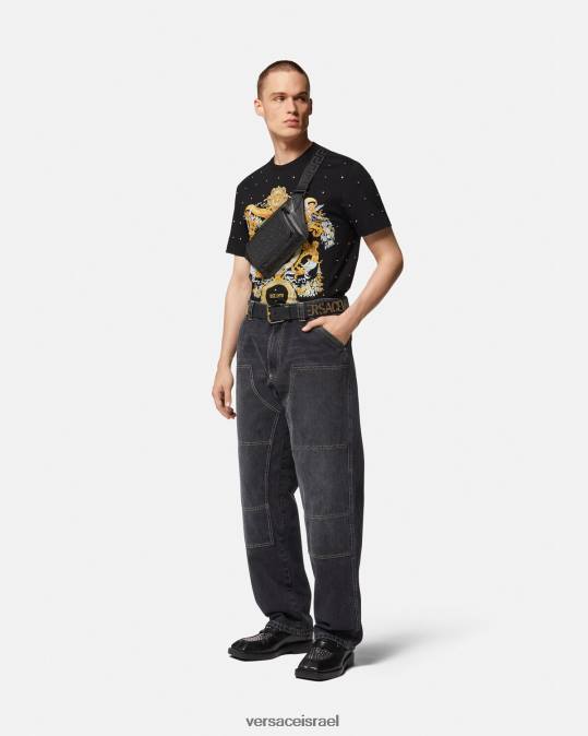 גברים Versace שָׁחוֹר חולצת טריקו עם רשת קריסטל בארוק הַלבָּשָׁה N8T21402