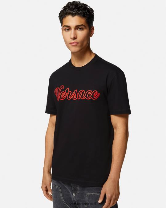 גברים Versace שָׁחוֹר חולצת טריקו עם לוגו רקום של האוניברסיטה הַלבָּשָׁה N8T21404