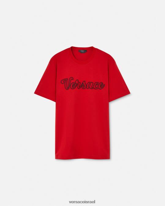 גברים Versace אָדוֹם חולצת טריקו עם לוגו רקום של האוניברסיטה הַלבָּשָׁה N8T21405