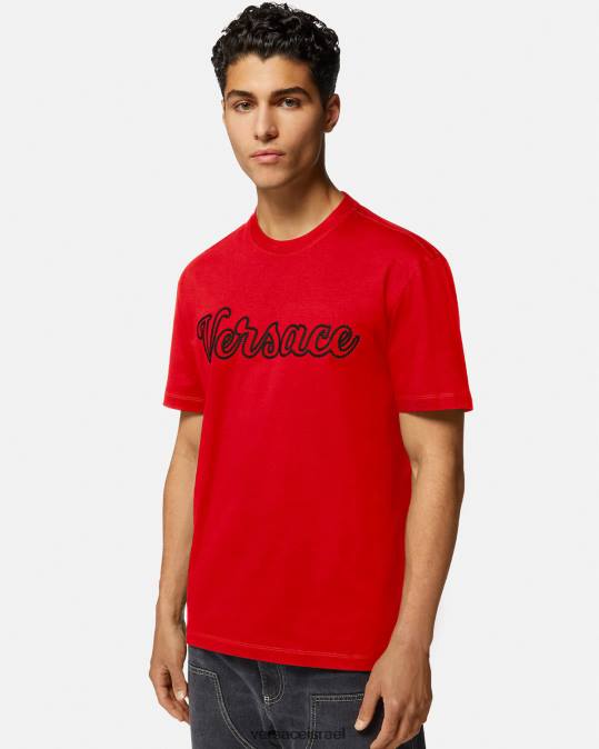 גברים Versace אָדוֹם חולצת טריקו עם לוגו רקום של האוניברסיטה הַלבָּשָׁה N8T21405