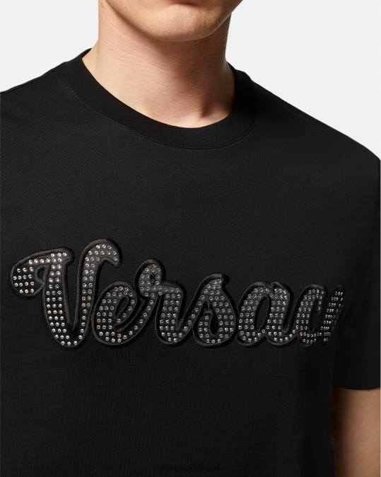 גברים Versace שָׁחוֹר חולצת טריקו עם לוגו קריסטל לאוניברסיטה הַלבָּשָׁה N8T21406