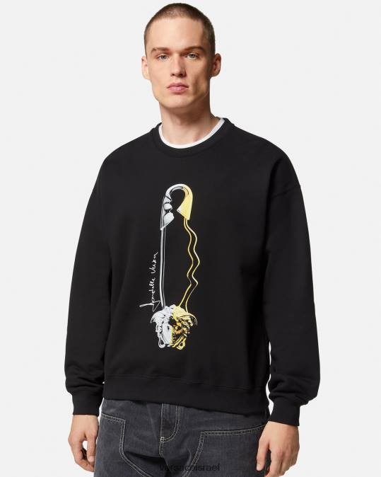 גברים Versace שָׁחוֹר סווטשירט גרפי של סיכת ביטחון הַלבָּשָׁה N8T21420