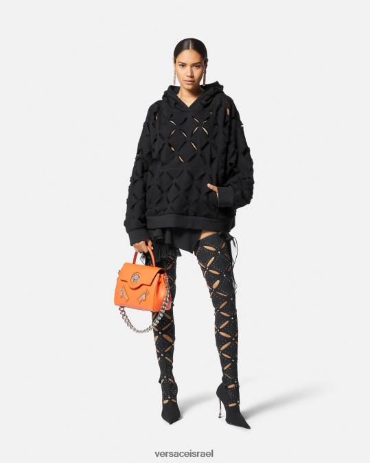 נשים Versace שָׁחוֹר קפוצ'ון אוברסייז חתוך במצוקה הַלבָּשָׁה N8T2142