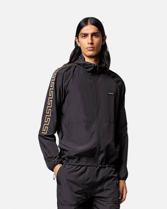 גברים Versace שָׁחוֹר מעיל ספורט ספורט גרקה ניילון הַלבָּשָׁה N8T21452