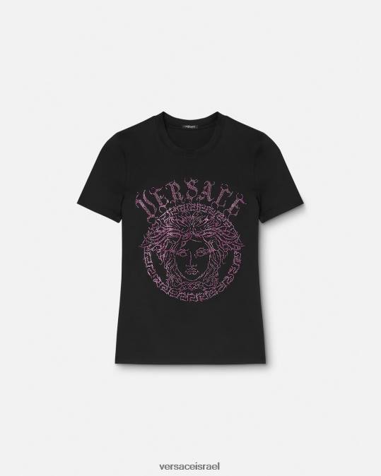 נשים Versace שחור וורוד חולצת טריקו עם לוגו מדוזה קריסטל הַלבָּשָׁה N8T2153