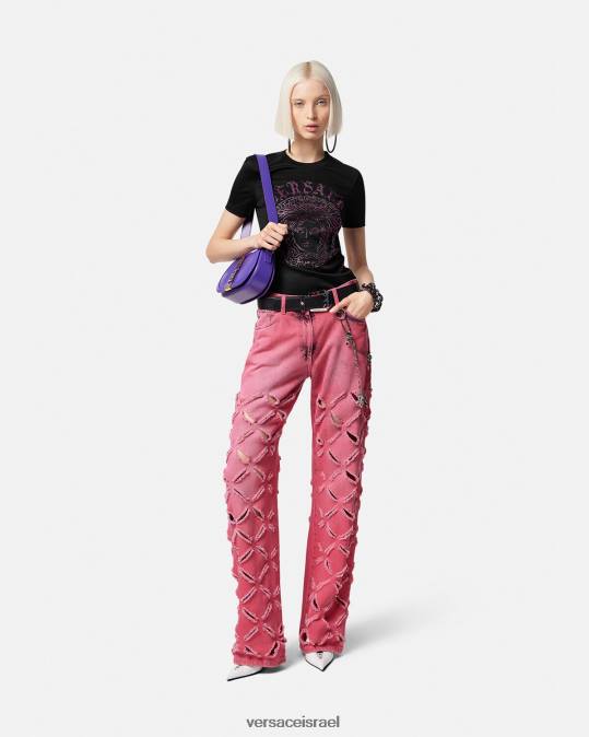 נשים Versace שחור וורוד חולצת טריקו עם לוגו מדוזה קריסטל הַלבָּשָׁה N8T2153