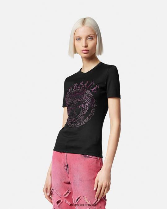 נשים Versace שחור וורוד חולצת טריקו עם לוגו מדוזה קריסטל הַלבָּשָׁה N8T2153