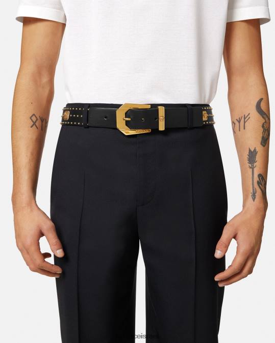 גברים Versace שָׁחוֹר חגורת עור מורשת מדוזה משובצת אביזרים N8T21625