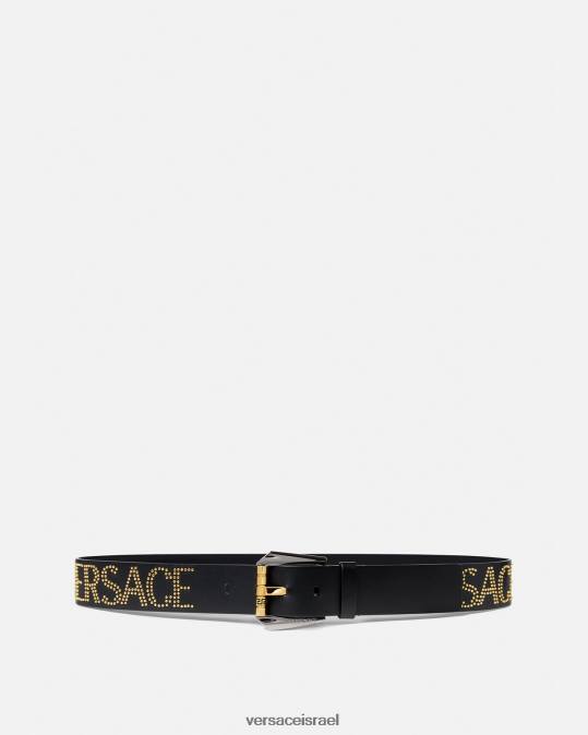 גברים Versace זהב שחור חגורה מעור לוגו משובץ אביזרים N8T21627