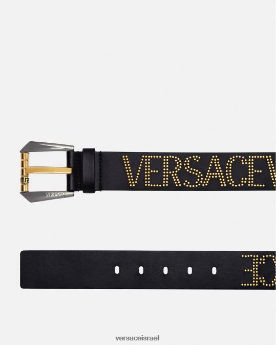 גברים Versace זהב שחור חגורה מעור לוגו משובץ אביזרים N8T21627